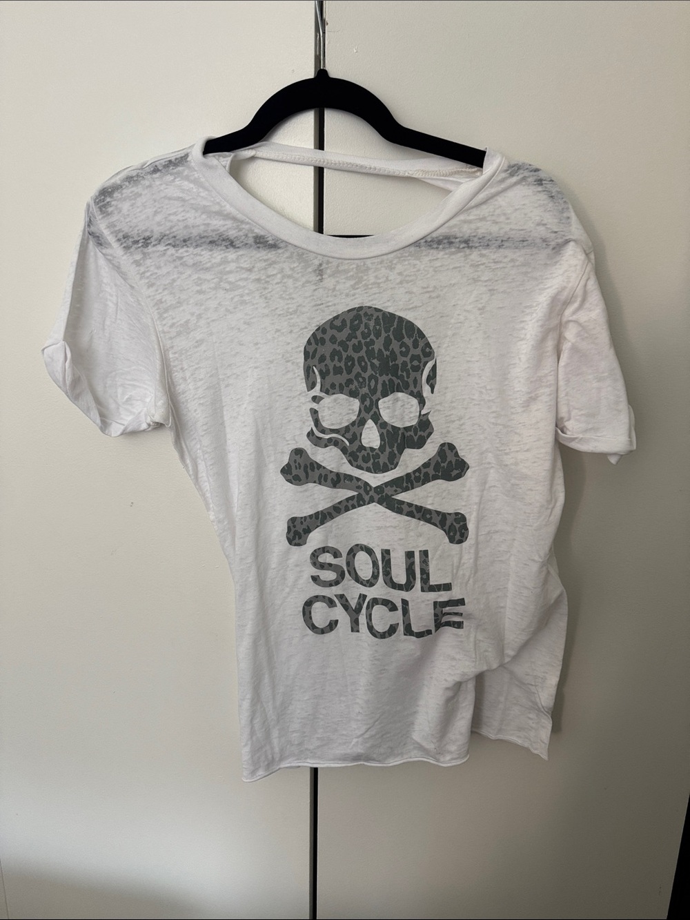 soulcycle White Tee with Gray Leopard Skull Graphic
